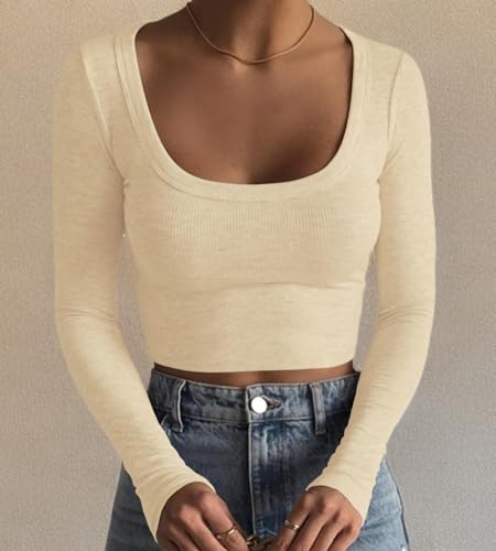 Artfish Women's Square Neck Long Sleeve Ribbed Slim Fitted Casual Basic Crop Top