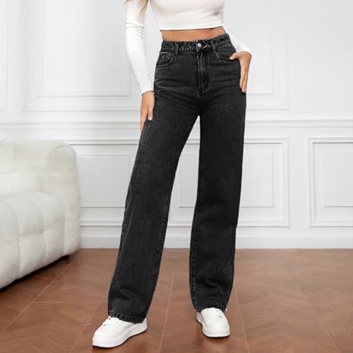 Women's Modern Straight Jeans Wide Leg Casual 2024 Boyfriend Cropped Raw Hem Denim Pants Cropped Wide-Leg Jeans