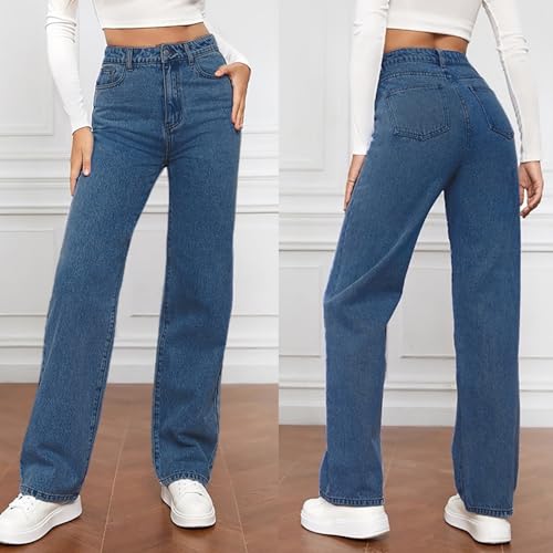 Women's Modern Straight Jeans Wide Leg Casual 2024 Boyfriend Cropped Raw Hem Denim Pants Cropped Wide-Leg Jeans