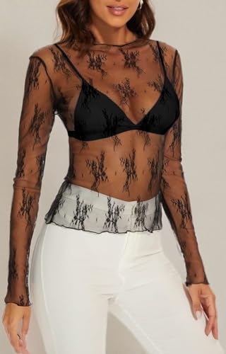 WIHOLL Womens Mesh Sheer Tops Sexy Crew Neck Summer Loose FIt Party Clubwear Shirts
