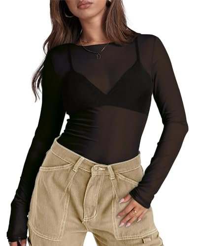 WIHOLL Womens Mesh Sheer Tops Sexy Crew Neck Summer Loose FIt Party Clubwear Shirts
