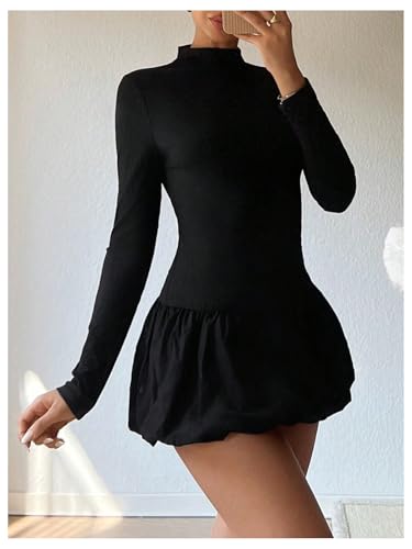 Milumia Women's Mock Neck Long Sleeve Mini Dress Open Back Ruffle Bubble Short Dresses