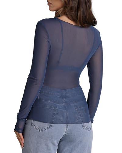 WIHOLL Womens Mesh Sheer Tops Sexy Crew Neck Summer Loose FIt Party Clubwear Shirts