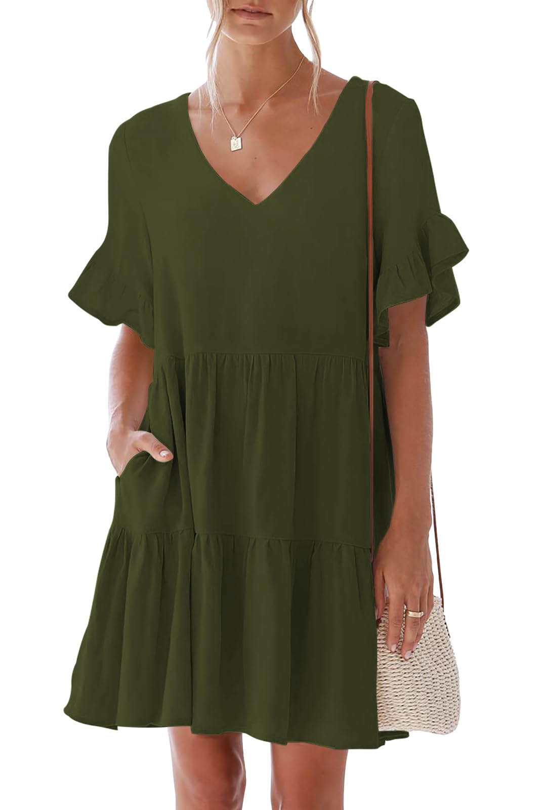 nclook Women's Summer Casual Dress Sweet & Cute V-Neck Mini Dress with Pocket Short Sleevele Ruffle Dress