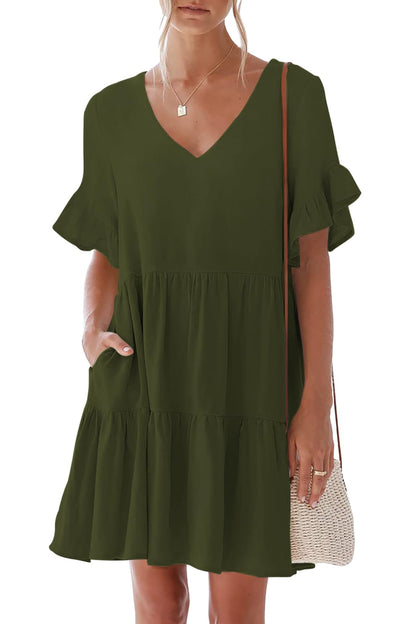 nclook Women's Summer Casual Dress Sweet & Cute V-Neck Mini Dress with Pocket Short Sleevele Ruffle Dress