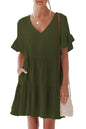 nclook Women's Summer Casual Dress Sweet & Cute V-Neck Mini Dress with Pocket Short Sleevele Ruffle Dress