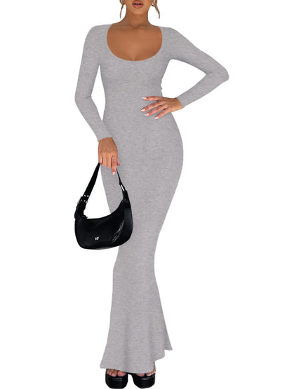 REORIA Womens Basic Sexy Square Neck Long Sleeve Soft Lounge Long Dress Fall Casual Ribbed Bodycon Maxi Dresses