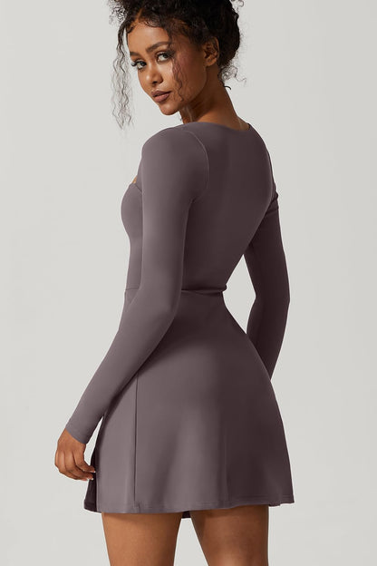 QINSEN Womens Square Neck Bodice Dress Long Sleeve Side Slit Flare Mini Dresses