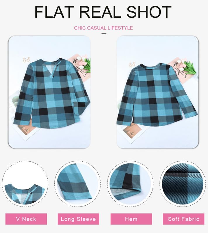 Dokotoo Womens Basic Casual V Neck Plaid Print Cotton Cuffed Long Sleeve Work Tops Blouses Shirts S-3XL