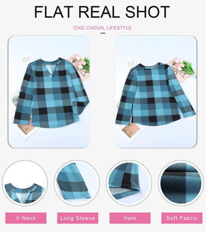 Dokotoo Womens Basic Casual V Neck Plaid Print Cotton Cuffed Long Sleeve Work Tops Blouses Shirts S-3XL