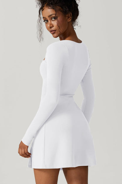 QINSEN Womens Square Neck Bodice Dress Long Sleeve Side Slit Flare Mini Dresses
