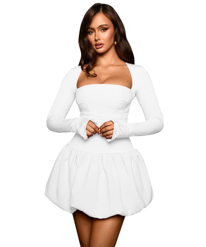 Women Bubble Mini Dress Long Sleeve Square Neck Backless Puffy Skirt Dress Short Formal Dresses
