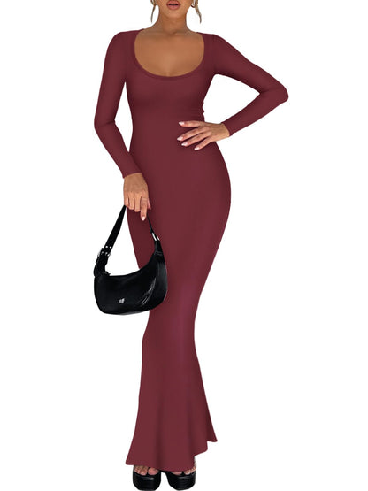 REORIA Womens Basic Sexy Square Neck Long Sleeve Soft Lounge Long Dress Fall Casual Ribbed Bodycon Maxi Dresses