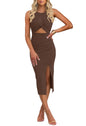 oten Women's Casual Sleeveless Cutout Twist Front Side Slit Ribbed Knit Party Bodycon Midi Dresses
