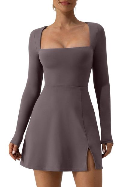 QINSEN Womens Square Neck Bodice Dress Long Sleeve Side Slit Flare Mini Dresses