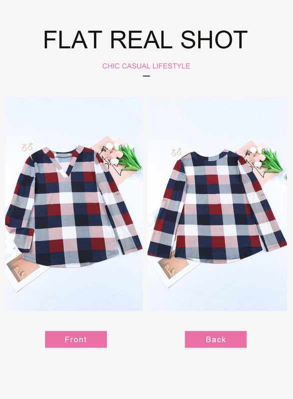 Dokotoo Womens Basic Casual V Neck Plaid Print Cotton Cuffed Long Sleeve Work Tops Blouses Shirts S-3XL