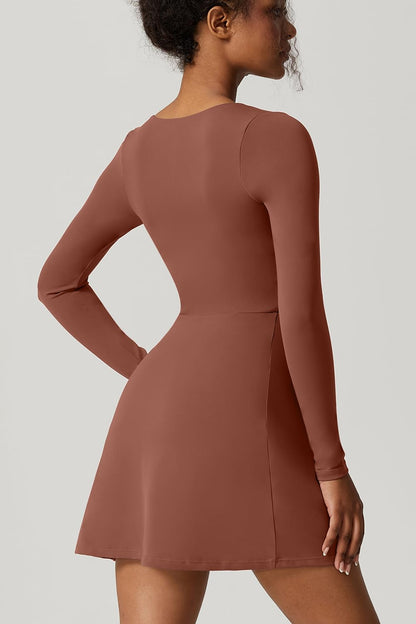 QINSEN Womens Square Neck Bodice Dress Long Sleeve Side Slit Flare Mini Dresses