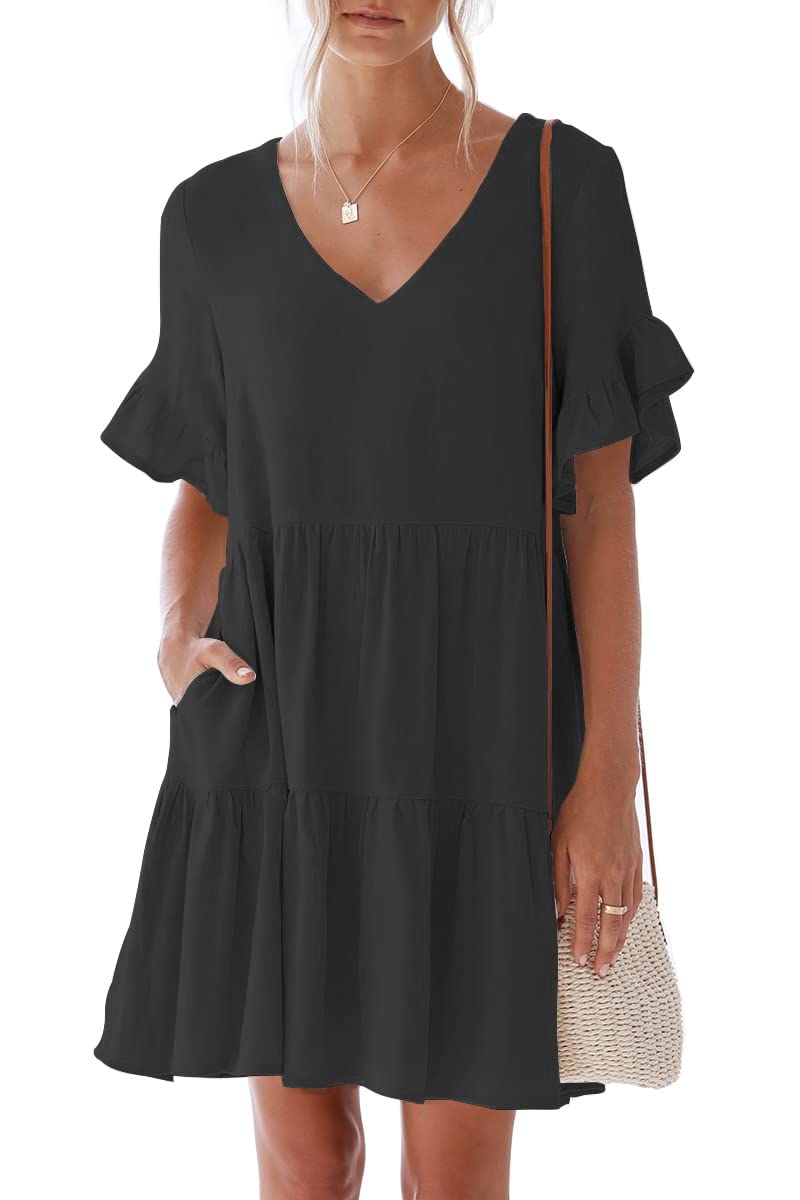 nclook Women's Summer Casual Dress Sweet & Cute V-Neck Mini Dress with Pocket Short Sleevele Ruffle Dress