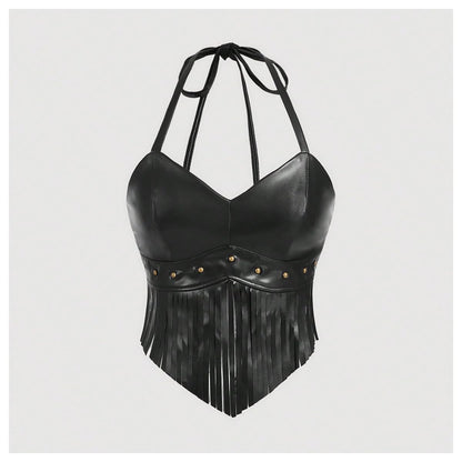 Women's Y2K Fringe Vest 70s Hippie PU Leather Halter Top Western Cowgirl Tie Tank Top
