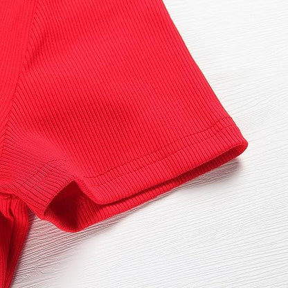 Roselux Women's Summer Scoop Neck Short Sleeve T-Shirts Ribbed Knit Slim Fitted Casual Basic Top