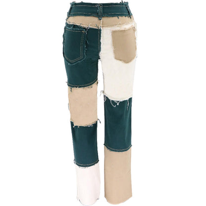 Women's Patchwork Pants Hight Waist Distressed Straight Denim Jeans Wide Leg High Waisted Baggy Drawstring Sweat