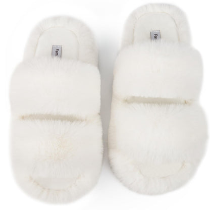 FamilyFairy Women's Fluffy Faux Fur Slippers Comfy Open Toe Two Band Slides with Fleece Lining and Rubber Sole