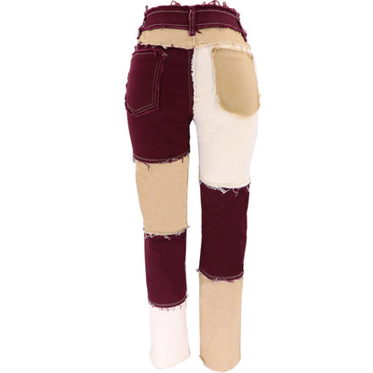 Women's Patchwork Pants Hight Waist Distressed Straight Denim Jeans Wide Leg High Waisted Baggy Drawstring Sweat