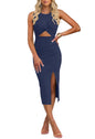 oten Women's Casual Sleeveless Cutout Twist Front Side Slit Ribbed Knit Party Bodycon Midi Dresses