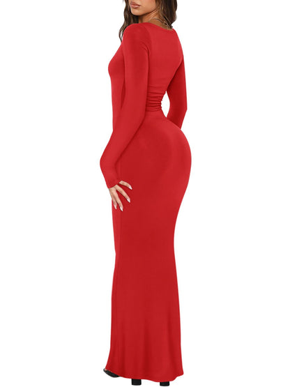 REORIA Womens Basic Sexy Square Neck Long Sleeve Soft Lounge Long Dress Fall Casual Ribbed Bodycon Maxi Dresses