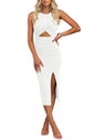oten Women's Casual Sleeveless Cutout Twist Front Side Slit Ribbed Knit Party Bodycon Midi Dresses