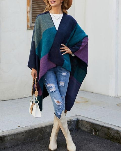 Bestshe Women's Boho Open Front Poncho Knitted Plaid Shawl Wrap Cape Tassel Cardigan Sweater