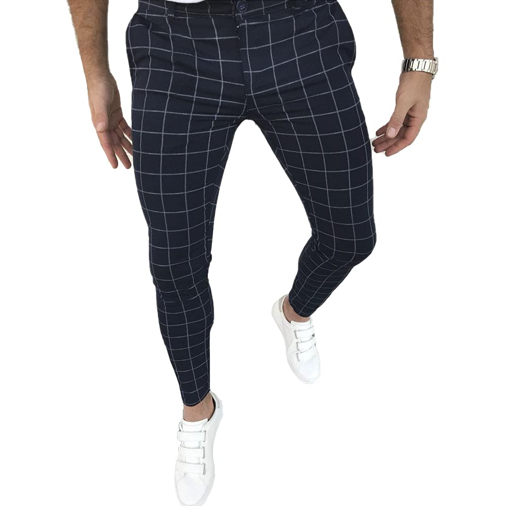 Men's Fashion Stretch Dress Pants Slim Fit Plaid Skinny Long Pants Casual Business Golf Dress Pants