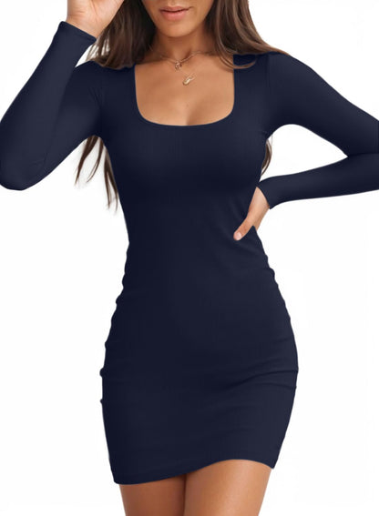 Valiamcep Women's Dress Square Neck Long Sleeve Ribbed Knit Slim Fitted Basic Bodycon Mini Pencil Dresses