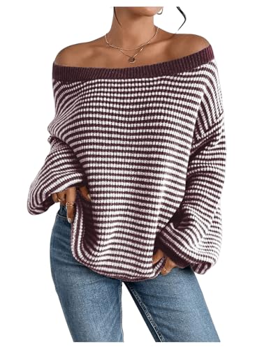 SOLY HUX Women's Off The Shoulder Striped Sweaters Oversized Long Sleeve Knit Pullover Tops