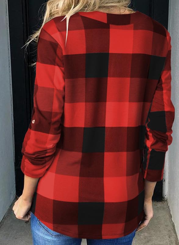 Dokotoo Womens Basic Casual V Neck Plaid Print Cotton Cuffed Long Sleeve Work Tops Blouses Shirts S-3XL