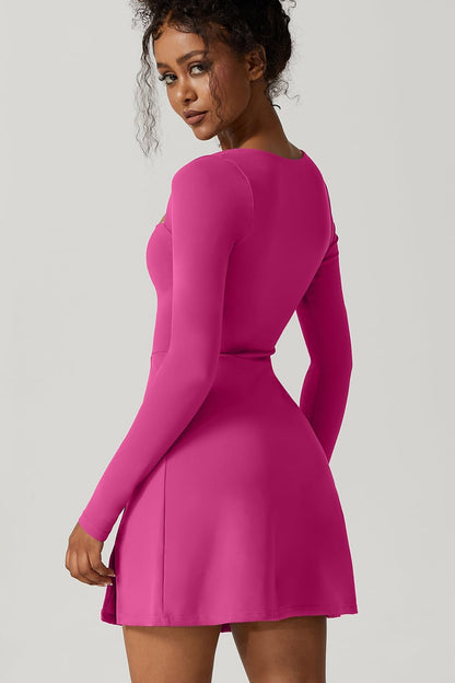 QINSEN Womens Square Neck Bodice Dress Long Sleeve Side Slit Flare Mini Dresses