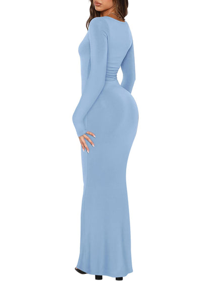 REORIA Womens Basic Sexy Square Neck Long Sleeve Soft Lounge Long Dress Fall Casual Ribbed Bodycon Maxi Dresses
