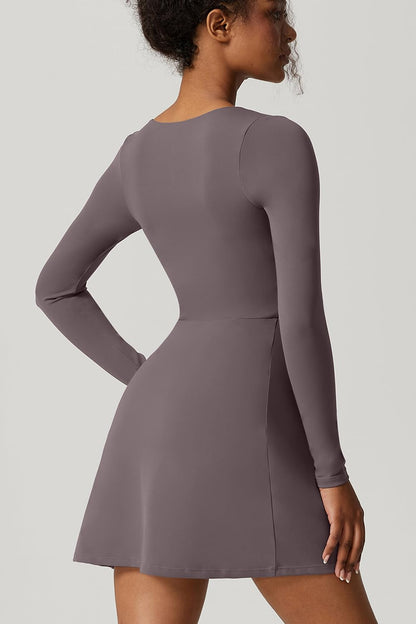 QINSEN Womens Square Neck Bodice Dress Long Sleeve Side Slit Flare Mini Dresses