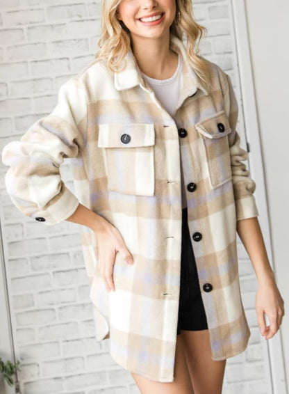 Beaully Women's Flannel Plaid Shacket Long Sleeve Button Down Shirts Jacket Coats with Side Pockets
