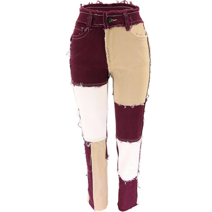 Women's Patchwork Pants Hight Waist Distressed Straight Denim Jeans Wide Leg High Waisted Baggy Drawstring Sweat