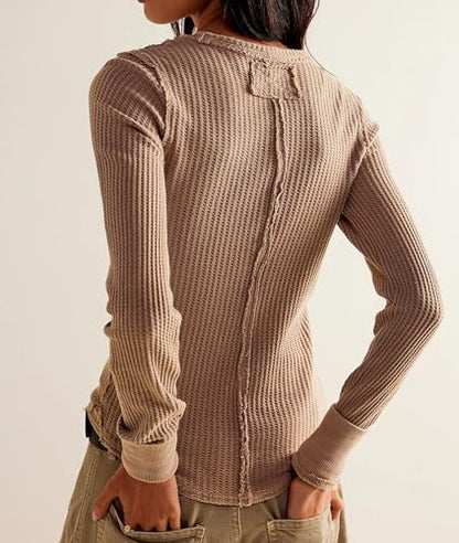 Women's Waffle Knit Tops Long Sleeve Shirts Slim Fitted Pullover Crewneck Shirt Fall Winter Tops 2024