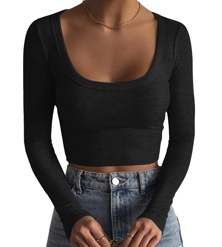 Artfish Women's Square Neck Long Sleeve Ribbed Slim Fitted Casual Basic Crop Top