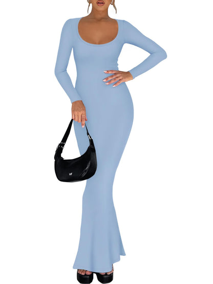 REORIA Womens Basic Sexy Square Neck Long Sleeve Soft Lounge Long Dress Fall Casual Ribbed Bodycon Maxi Dresses