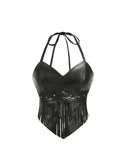 Women's Y2K Fringe Vest 70s Hippie PU Leather Halter Top Western Cowgirl Tie Tank Top