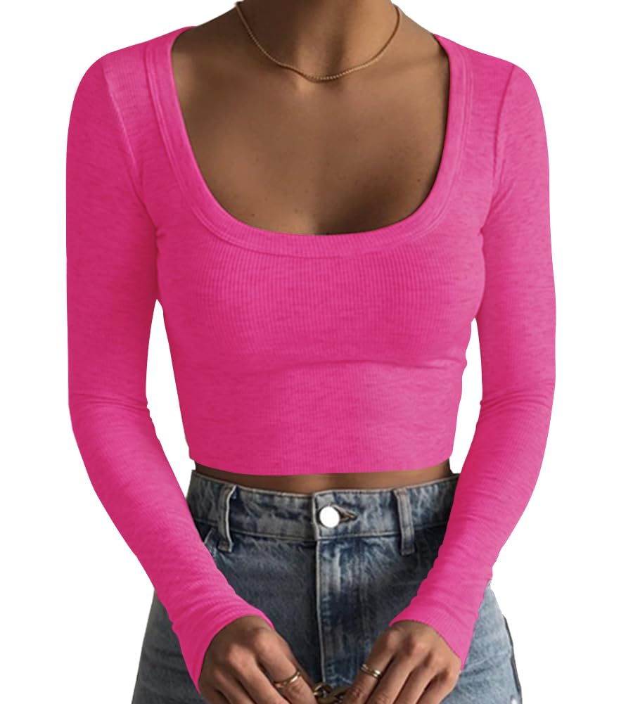 Artfish Women's Square Neck Long Sleeve Ribbed Slim Fitted Casual Basic Crop Top