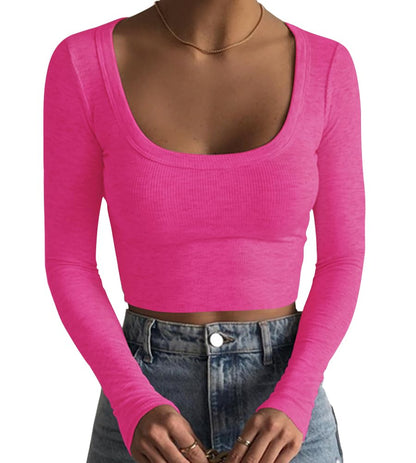 Artfish Women's Square Neck Long Sleeve Ribbed Slim Fitted Casual Basic Crop Top