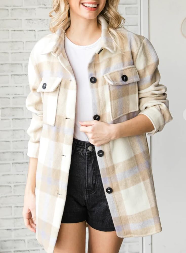 Beaully Women's Flannel Plaid Shacket Long Sleeve Button Down Shirts Jacket Coats with Side Pockets