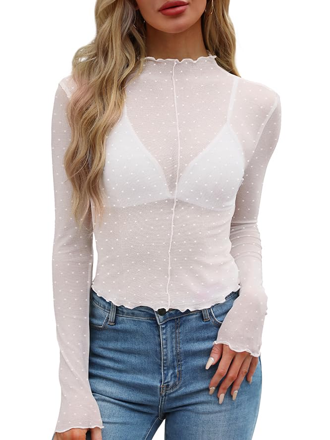 WIHOLL Womens Mesh Sheer Tops Sexy Crew Neck Summer Loose FIt Party Clubwear Shirts