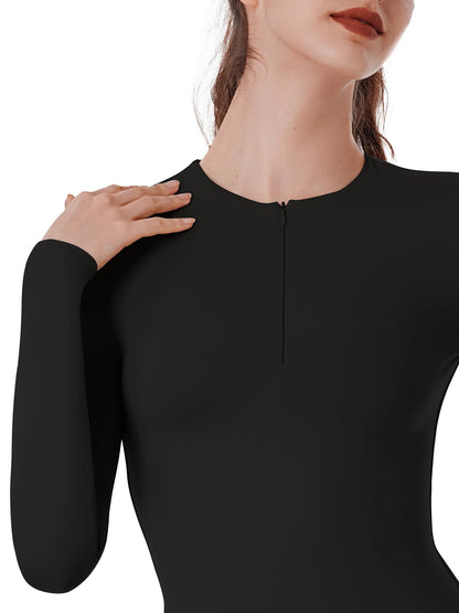 REORIA Double Lined Quarter Zip Sexy V Neck Long Sleeve Cropped Top Going Out Tops for Womens Fall Fashion 2024
