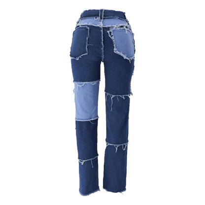 Women's Patchwork Pants Hight Waist Distressed Straight Denim Jeans Wide Leg High Waisted Baggy Drawstring Sweat